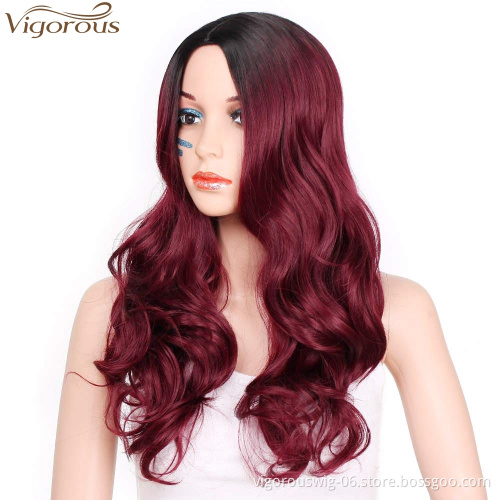 Vigorous Fiber for Women Long Curly Ombre Black to Red Wavy Synthetic Party Middle Part Cosplay Full Wigs